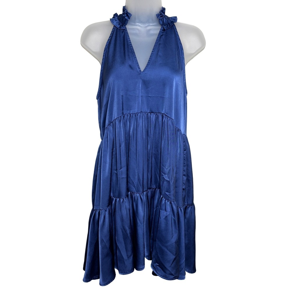 Glam Royal Blue Satin Vneck Sleeveless Tiered Ruffle Trim Mini Dress Women Small